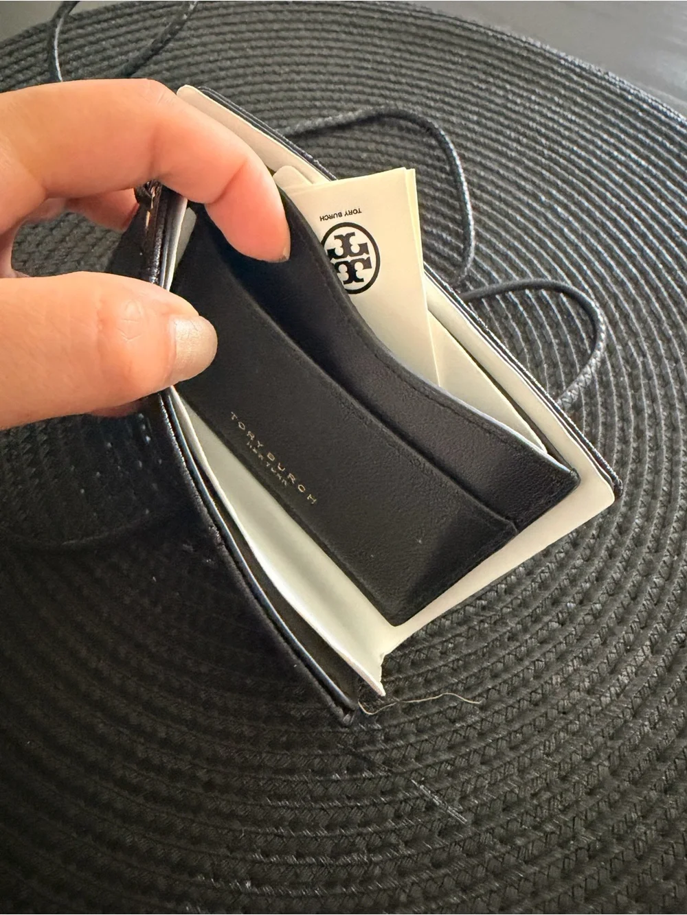 Tory Burch Black Quilted Leather Card Holder with Gold Logo Pendant
